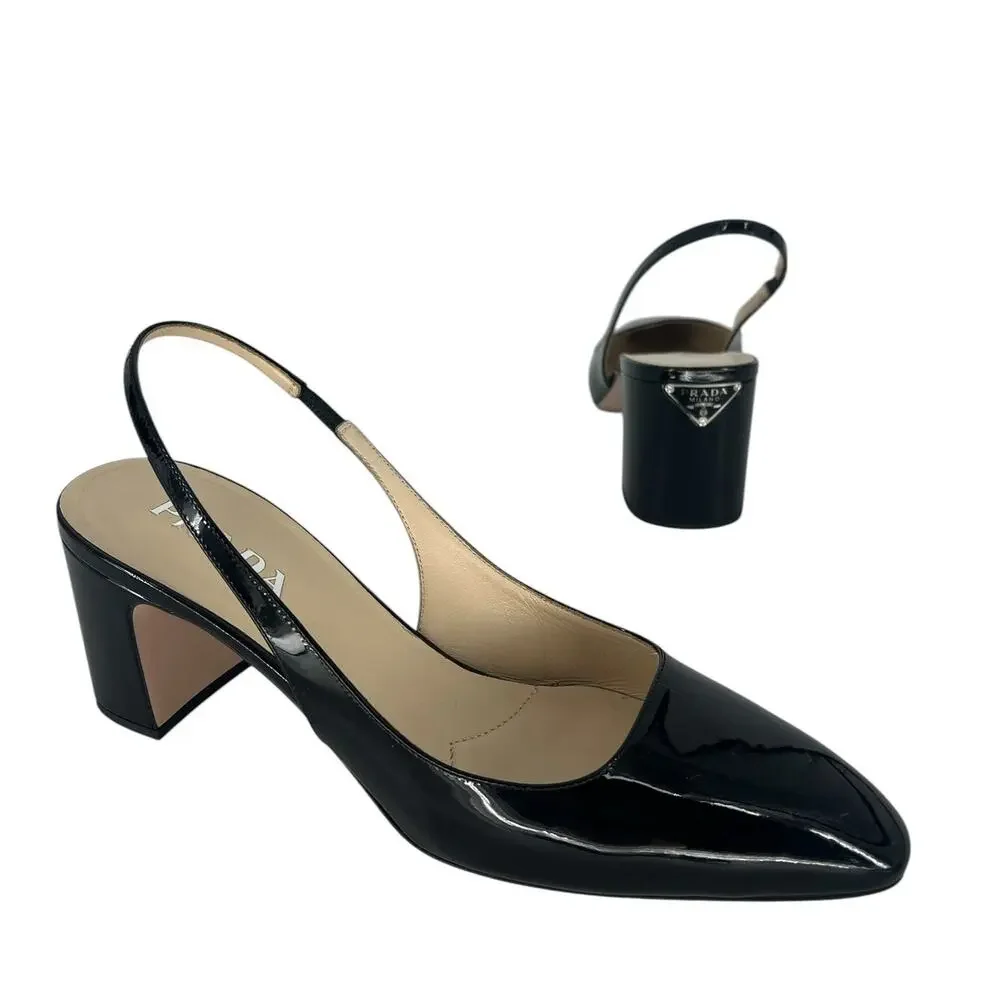 Prada Triangle‎ Logo Patent Leather Slingback Pumps Black 40